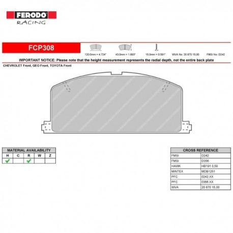 FERODO RACING BRAKE PADS FCP308H